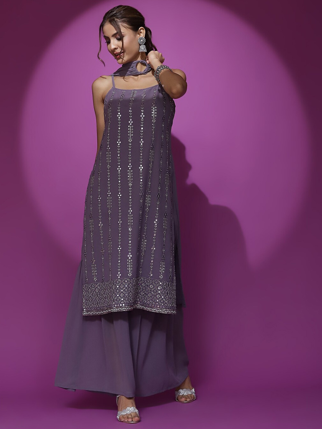

AKS Couture Ethnic Motifs Embroidered Mirror Work Straight Kurta & Sharara With Dupatta, Lavender