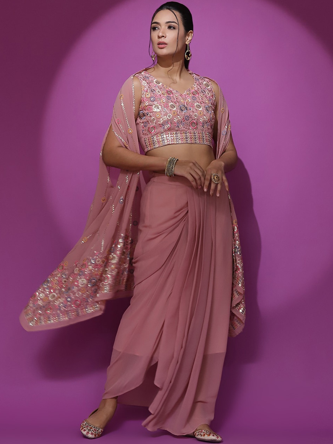 

AKS Couture Embroidered Crop Top & Front Open Shrug With Skirt, Pink
