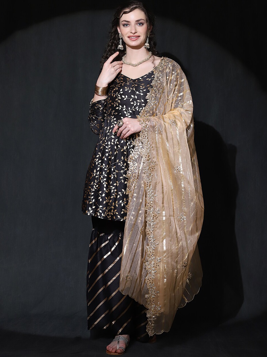 

AKS Couture Floral Printed V-Neck A-Line Kurta & Sharara With Dupatta, Black