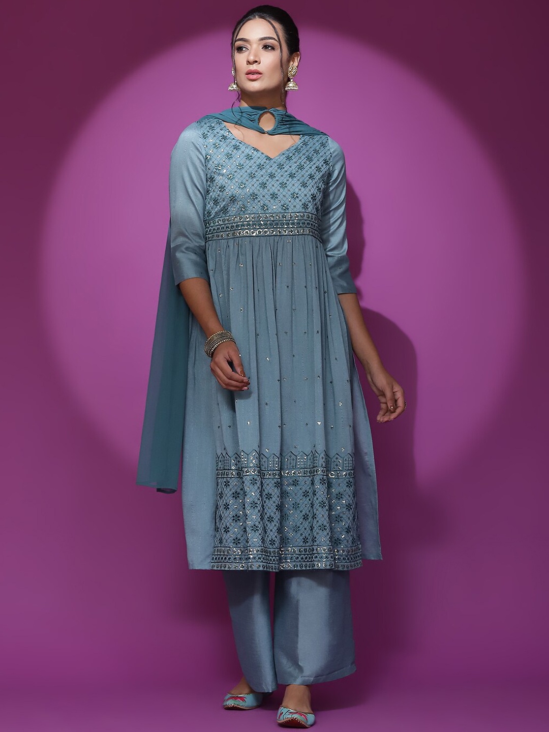 

AKS Couture Floral Embroidered V-Neck Sequinned A-Line Kurta & Palazzo With Dupatta, Blue