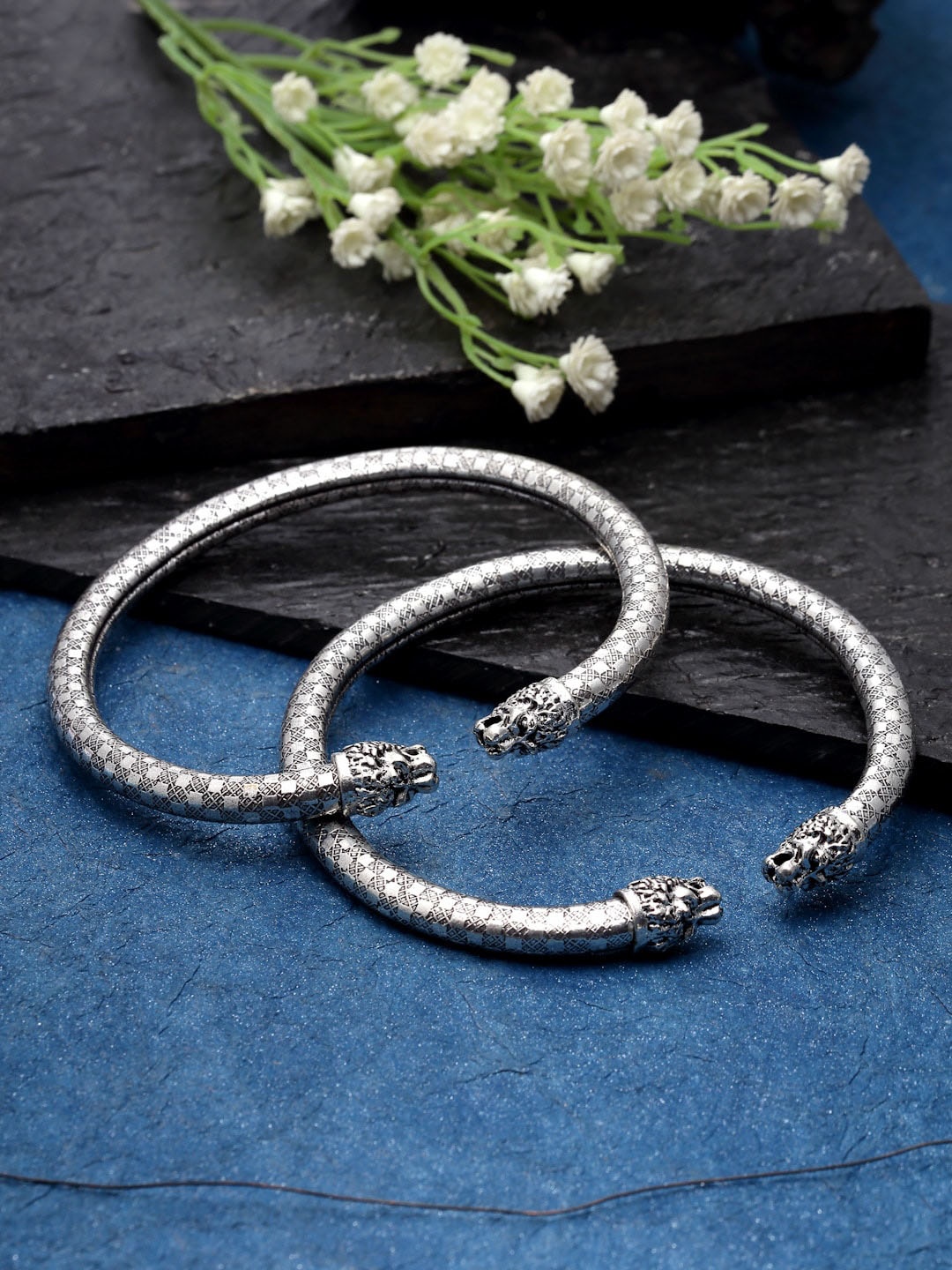 

Sanjog Set Of 2 Silver-Plated Engraved Tribal Design Adjustable Oxidized Kada Anklets