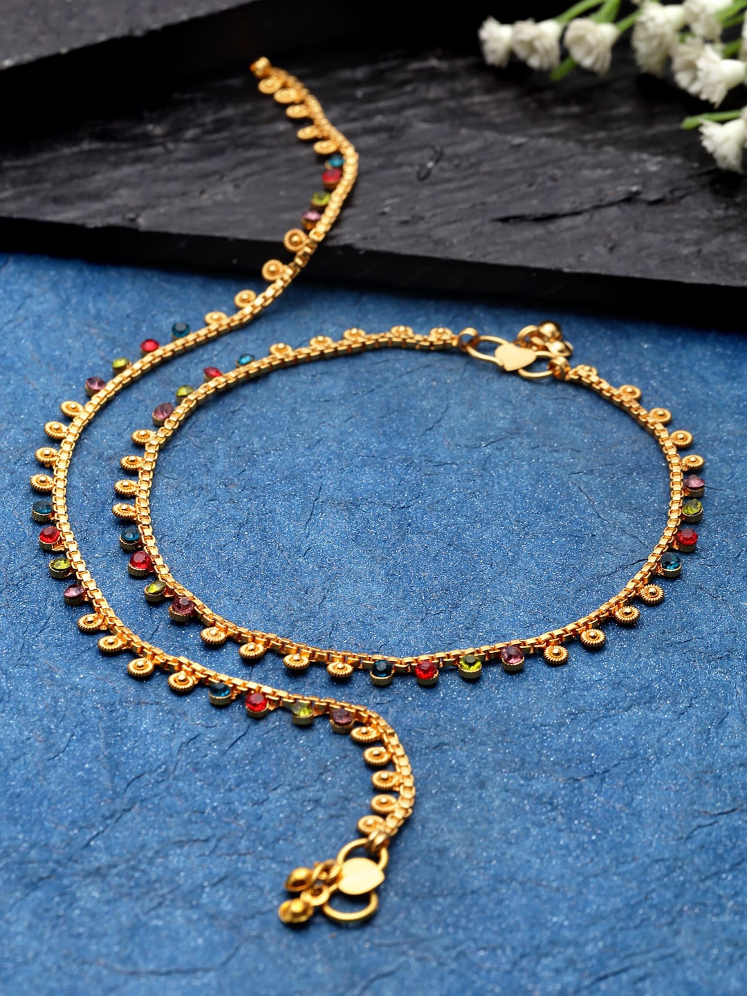 

Sanjog Gold-Plated Mutlicolored Stone-Studded & Beaded Treditional Anklets