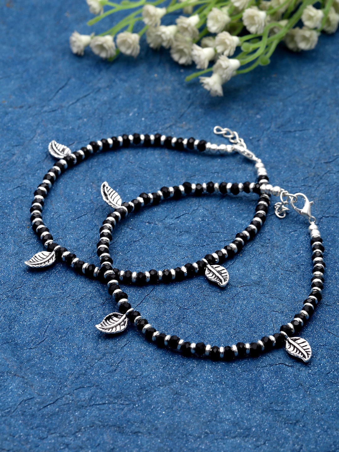 

Sanjog Set Of 2 Oxidised German Silver-Plated Black Beaded Handcrafted Evil Anklets