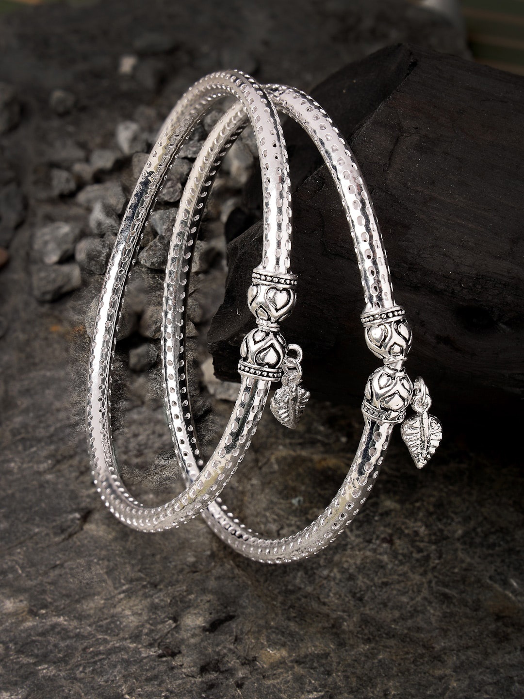 

Sanjog Set Of 2 Silver-Plated Engraved Tribal Design Adjustable Oxidized Kada Anklets