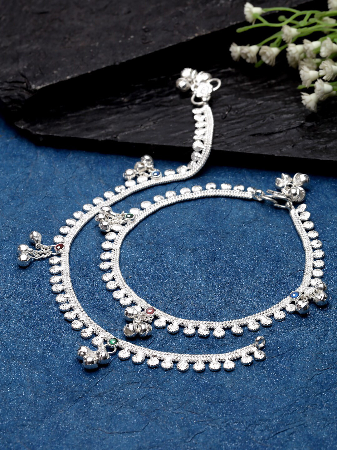 

Sanjog Set Of 2 Silver-Plated Stone Stud Oxidised Traditional Anklets