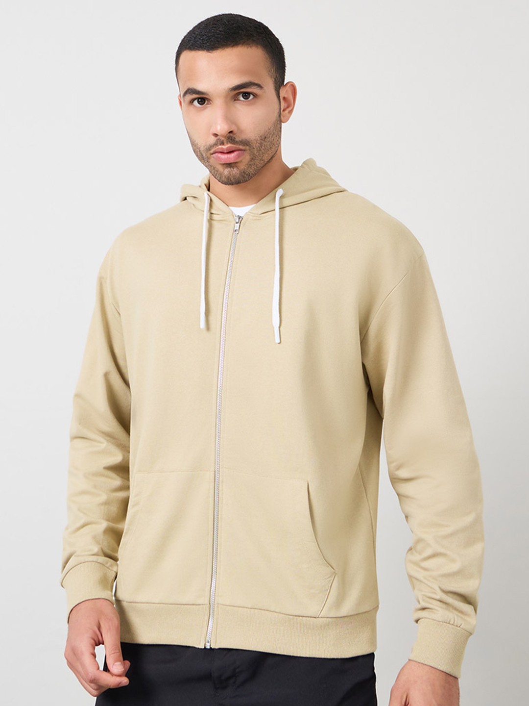 

Styli Beige Relaxed Fit Zip Hoodie with Contrast Drawcord