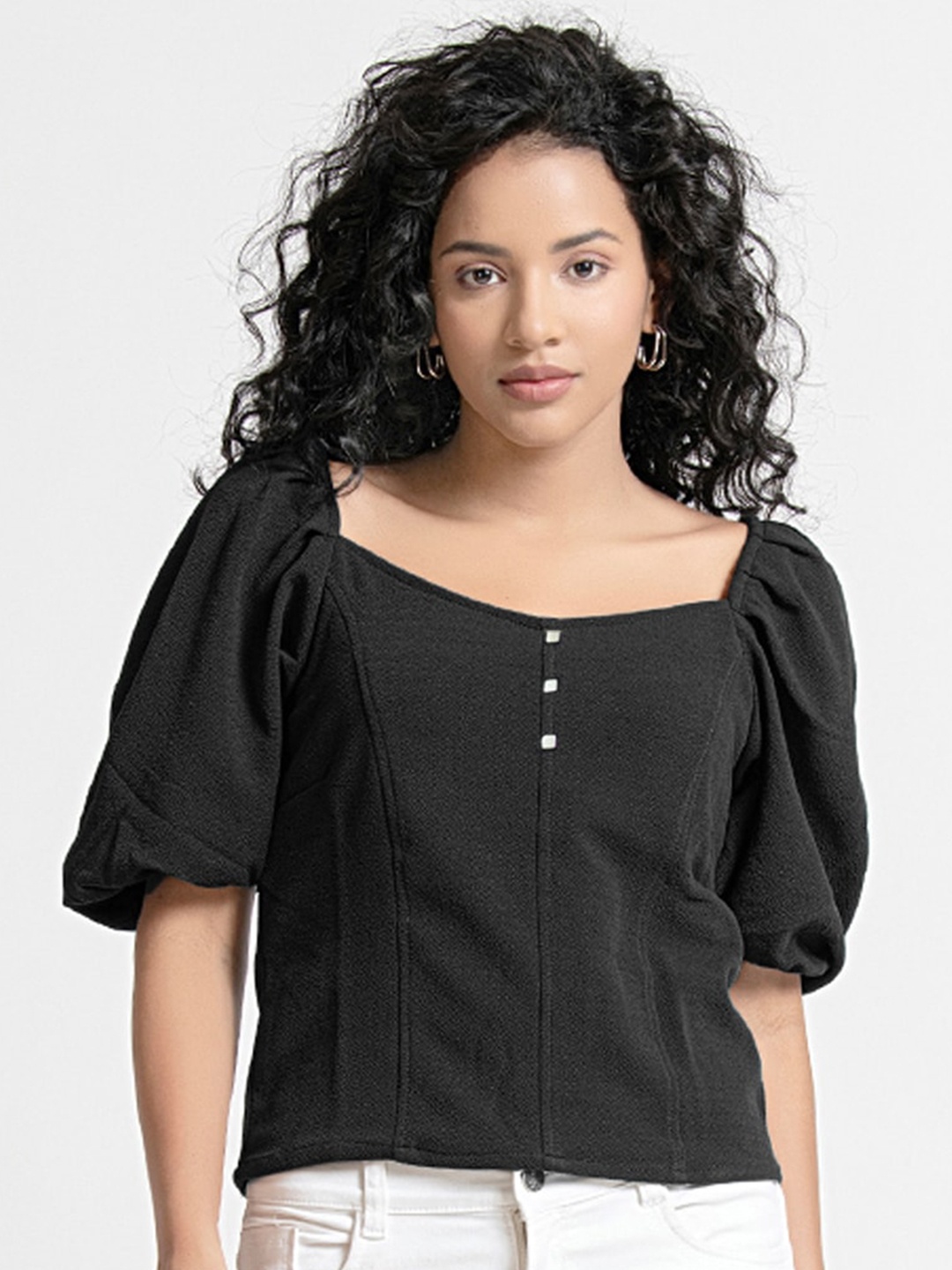 

urSense Sweetheart Neck Puffed Sleeves Top, Black