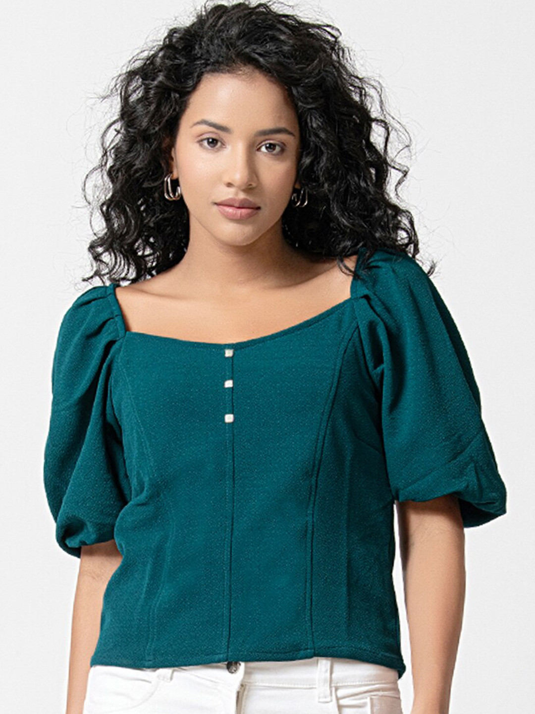

urSense Sweetheart Neck Puffed Sleeves Top, Green