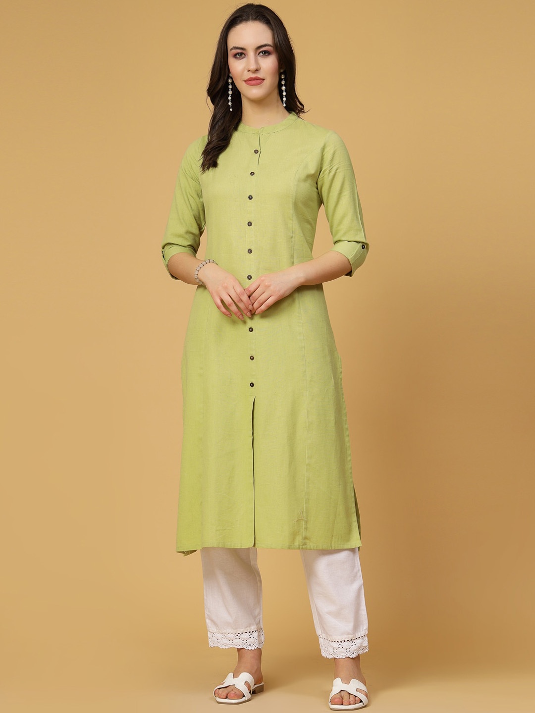 

Pistaa Mandarin Collar Cotton A-Line Kurta, Green