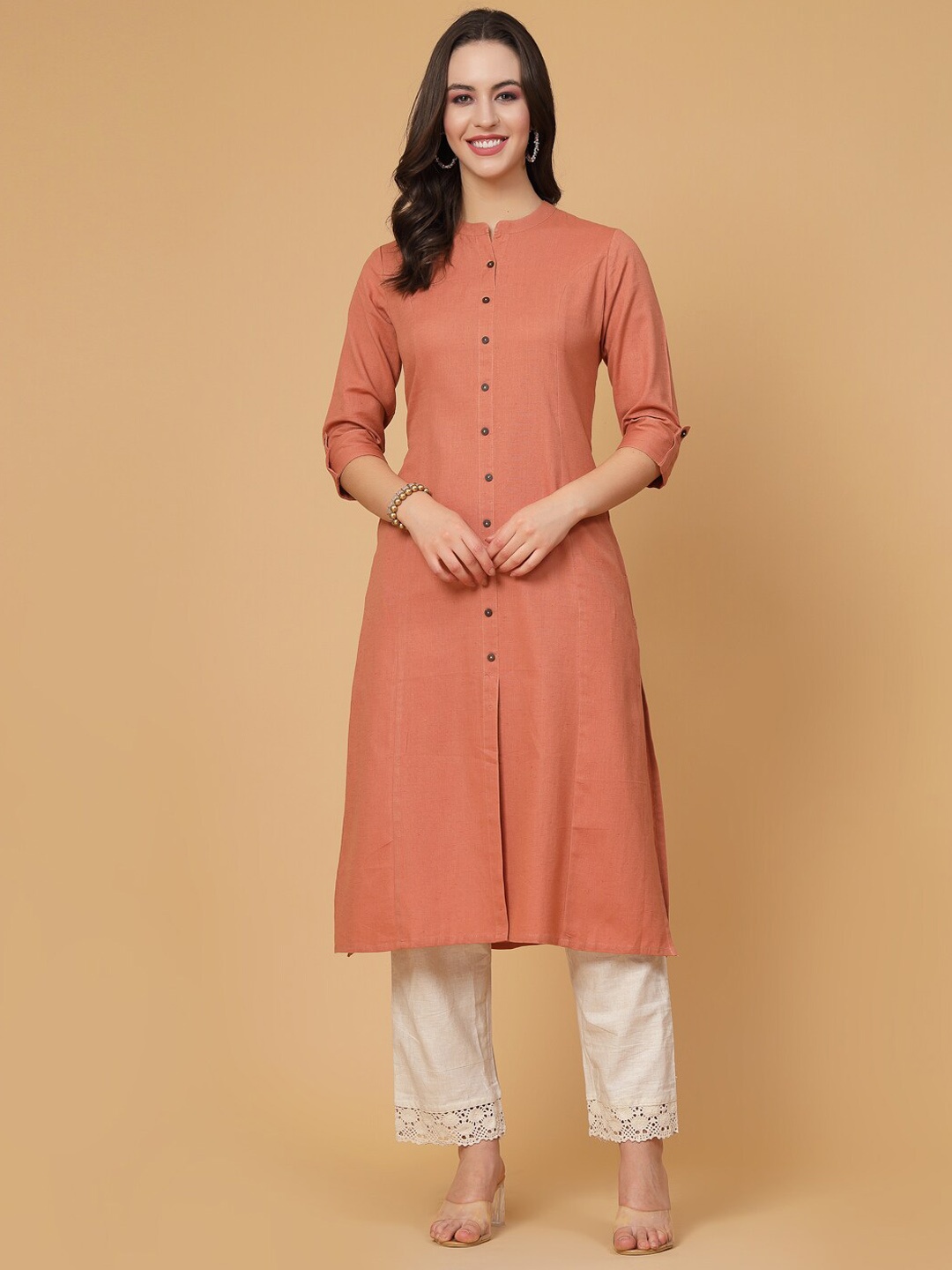 

Pistaa Mandarin Collar Cotton A-Line Kurta, Rust