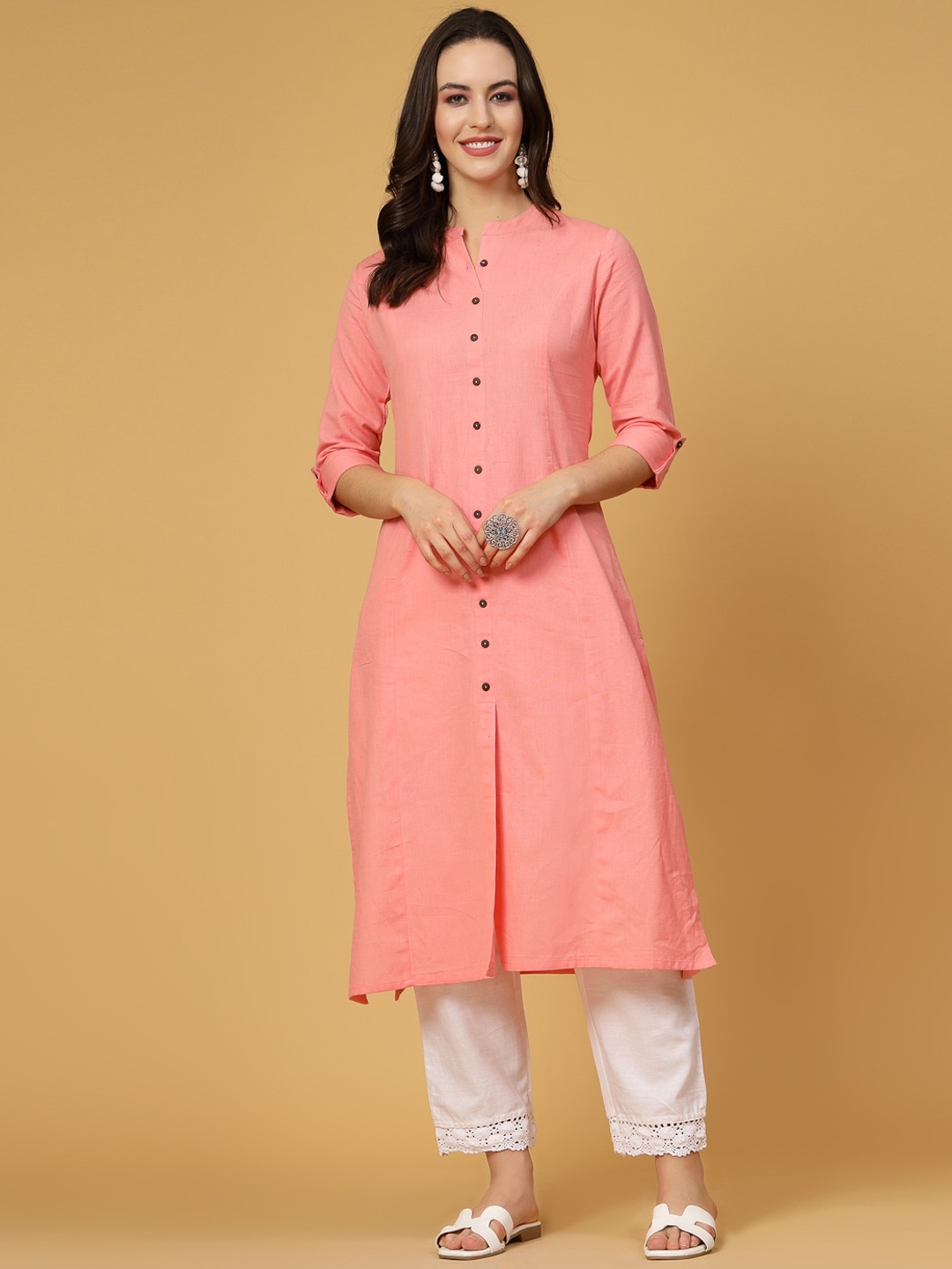 

Pistaa Mandarin Collar Cotton A-Line Kurta, Pink