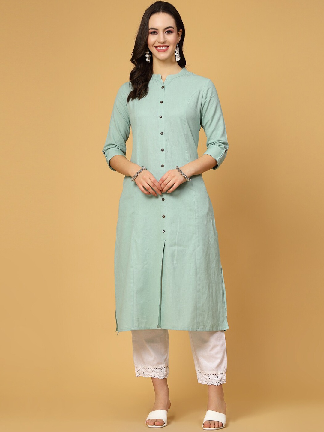 

Pistaa Mandarin Collar Cotton A-Line Kurta, Green