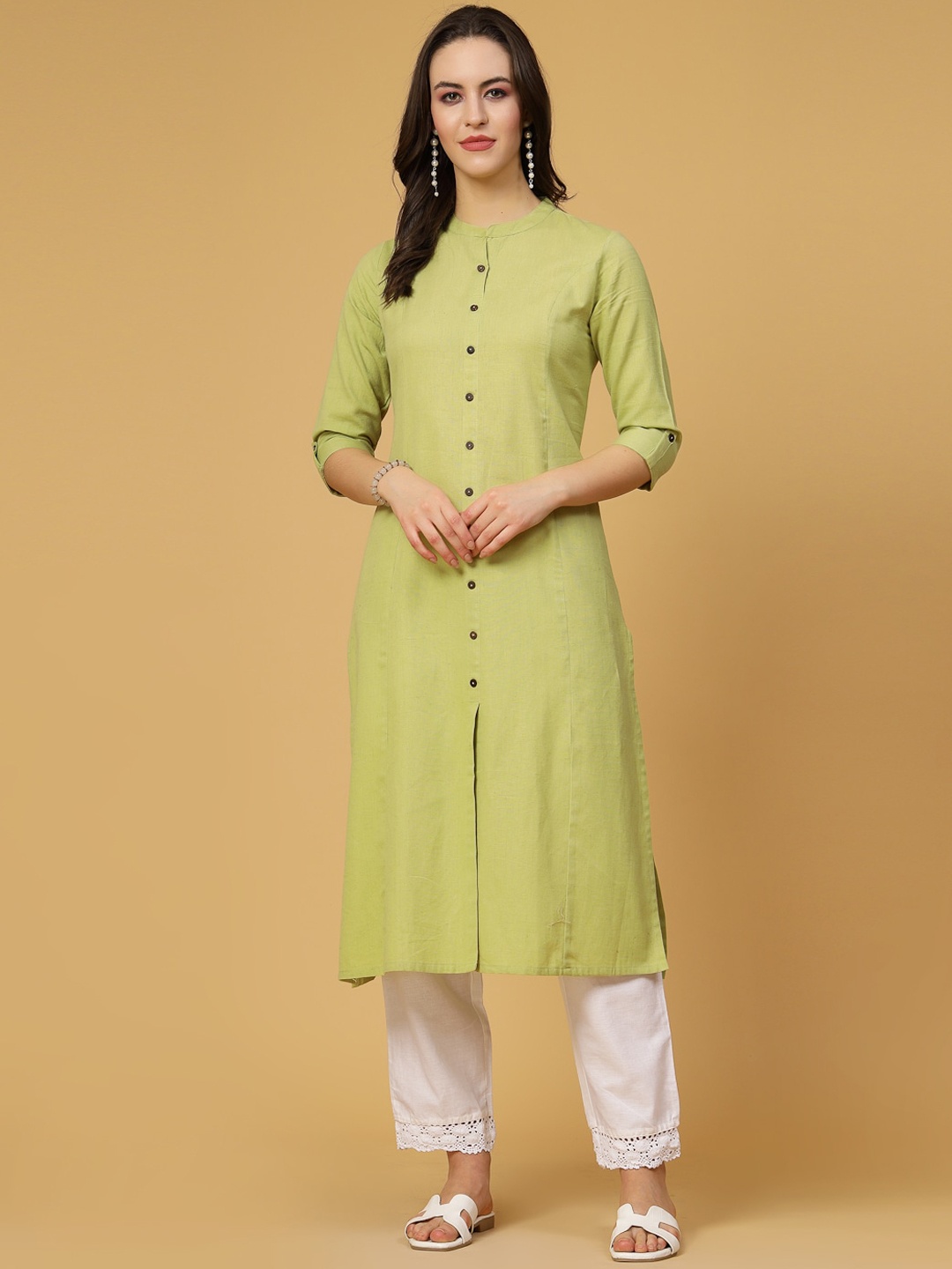 

Pistaa Mandarin Collar Cotton A-Line Kurta, Green