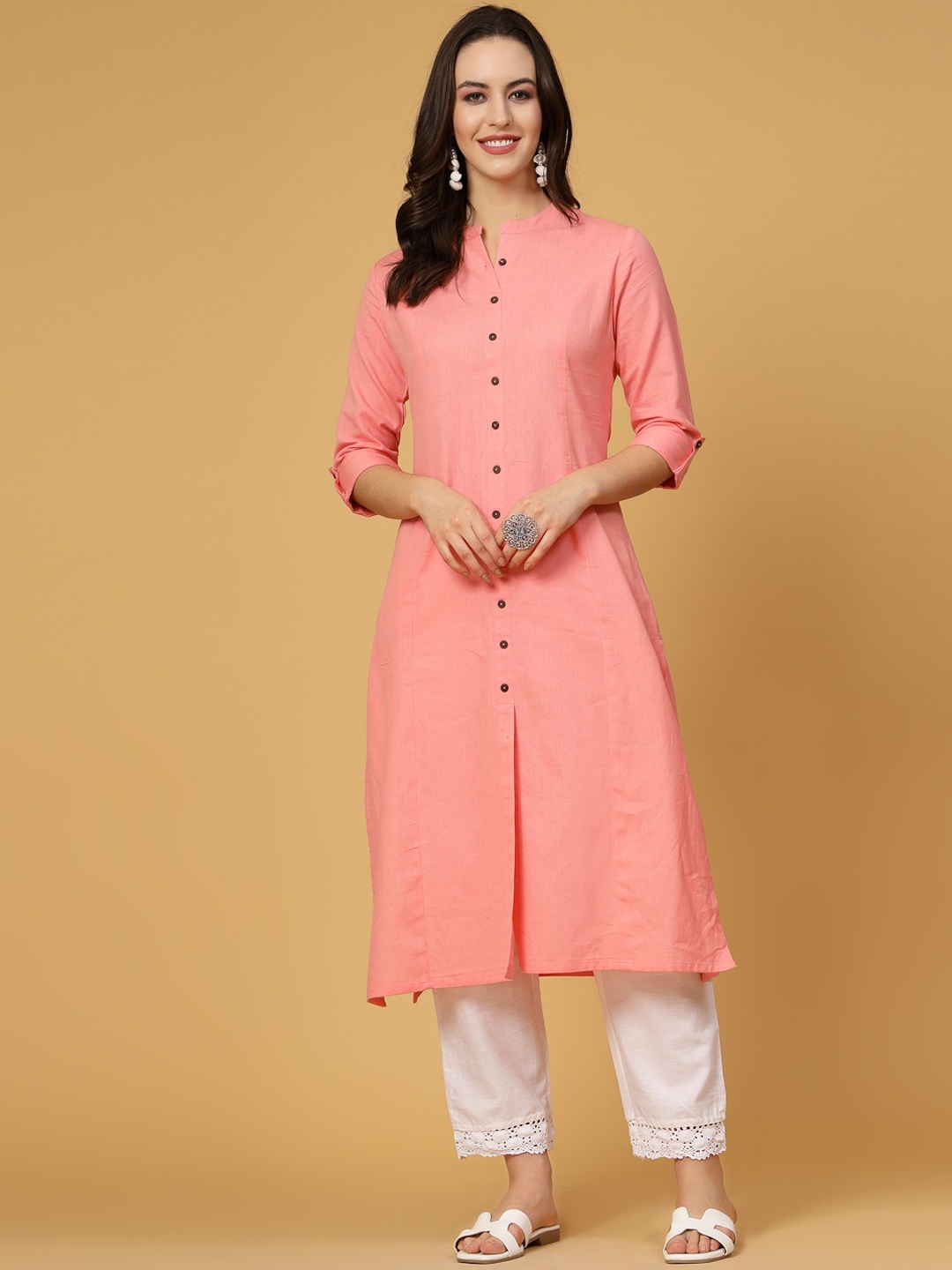 

Pistaa Mandarin Collar Pure Cotton Straight Kurta, Pink