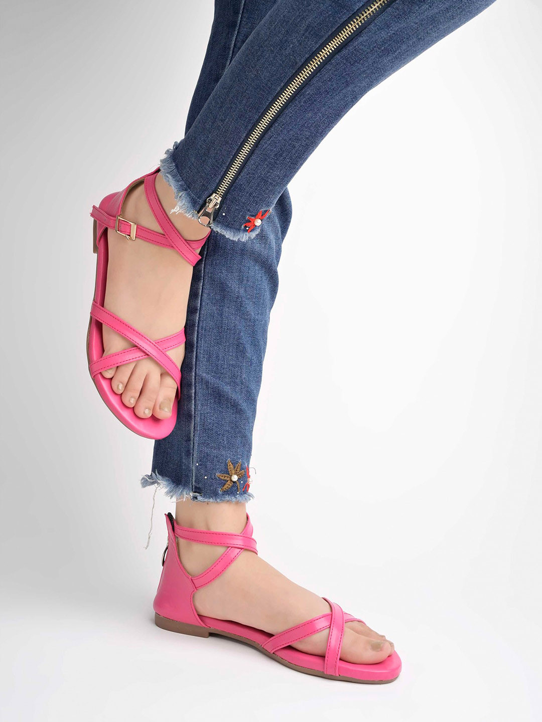 

Shoetopia Girls Cross Strap Open Toe Flats With Buckles, Pink