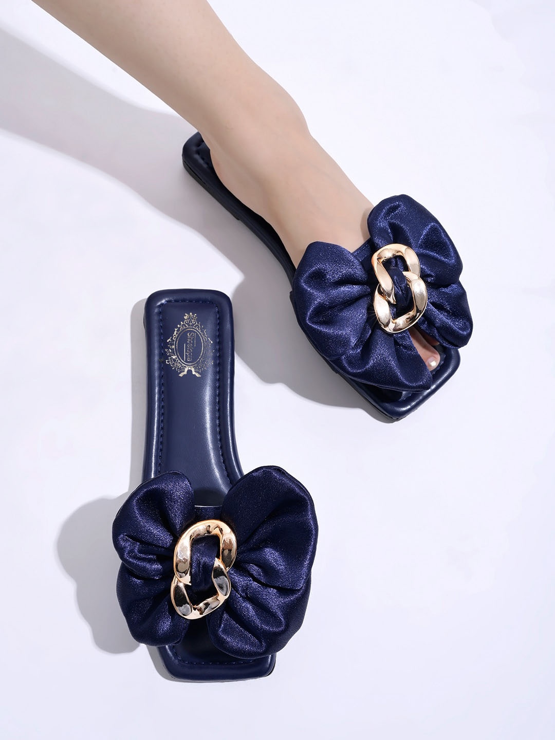 

Shoetopia Girls Open Toe Flats With Embellished Bows, Navy blue