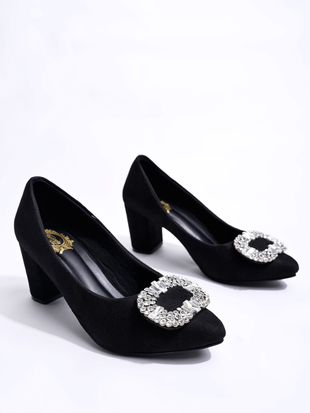 

Shoetopia Girls Embellished Pointed Toe Suede Party Block Pumps, Black