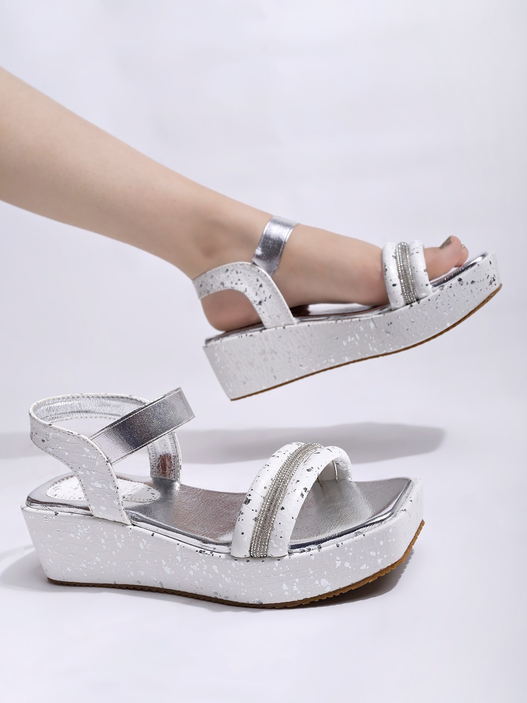 

Shoetopia Girls Embellished Party Flatform Heels With Backstrap, Silver