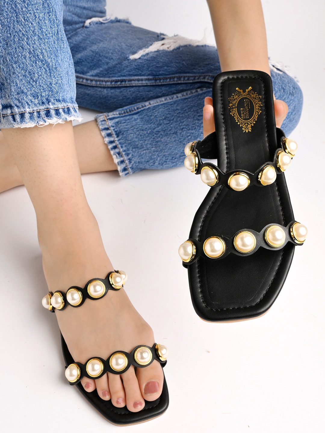 

Shoetopia Girls Embellished Open Toe Flats, Black