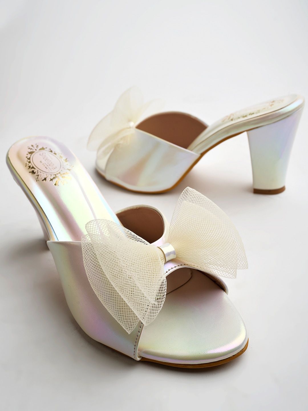 

Shoetopia Girls Open Toe Party Block Heels With Bows, White
