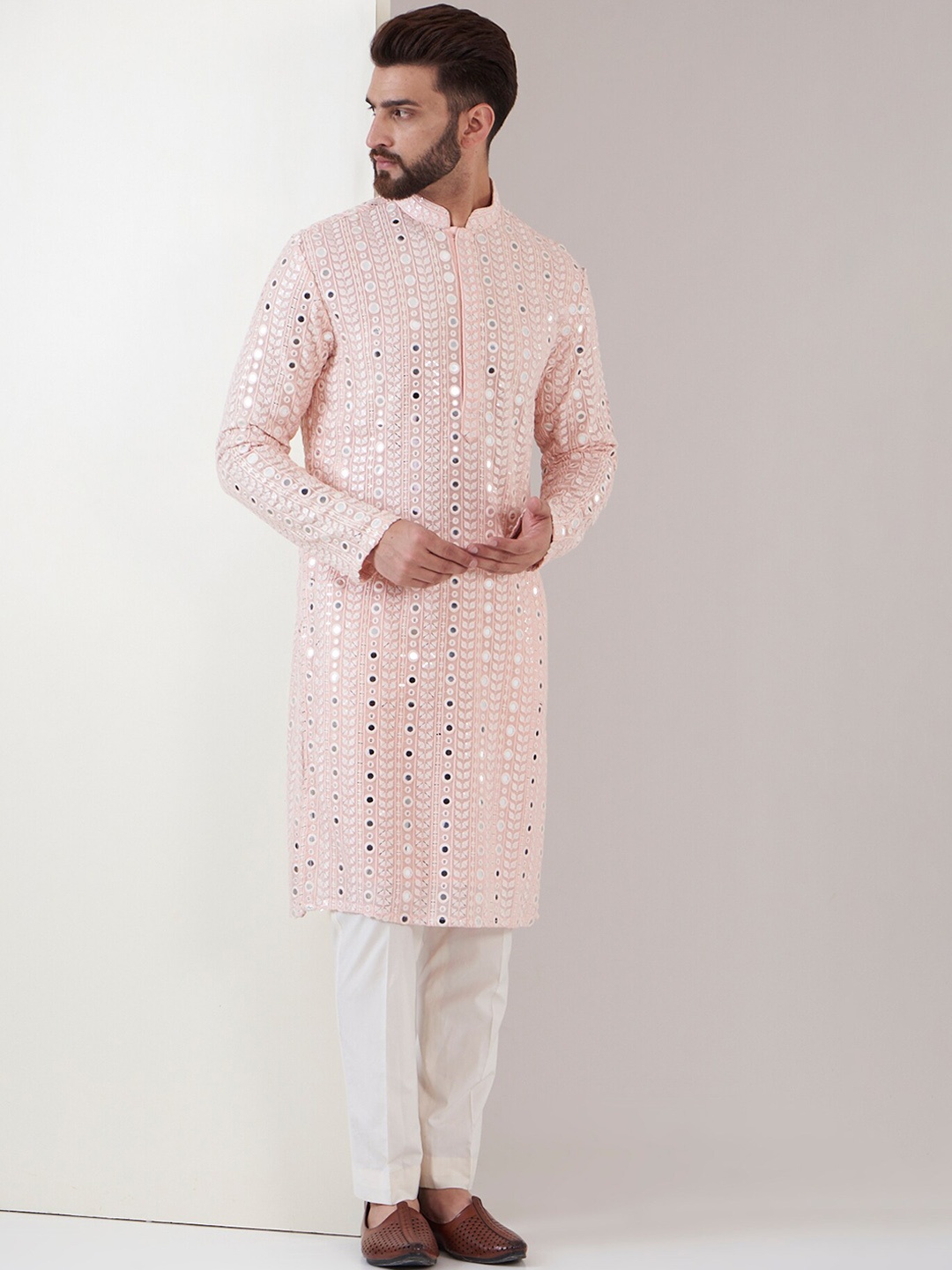 

KASBAH CLOTHING NISHCHAIY SAJDEH Geometric Embroidered Mandarin Collar Mirror Work Kurta, Pink
