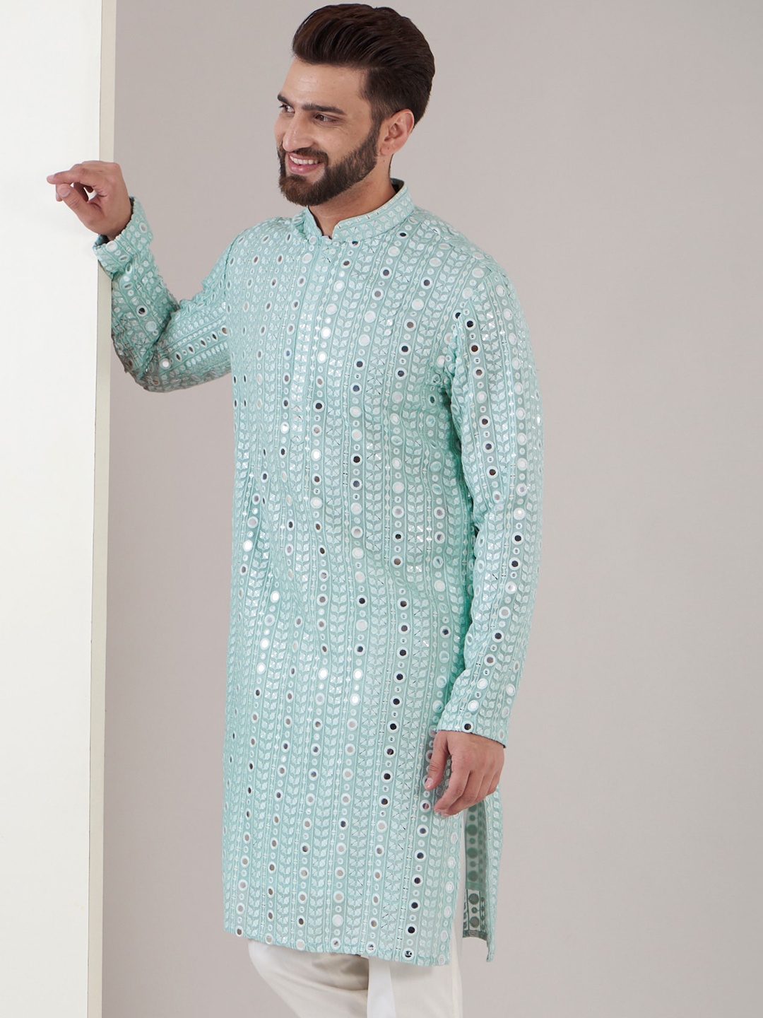 

KASBAH CLOTHING NISHCHAIY SAJDEH Geometric Embroidered Mandarin Collar Mirror Work Kurta, Blue