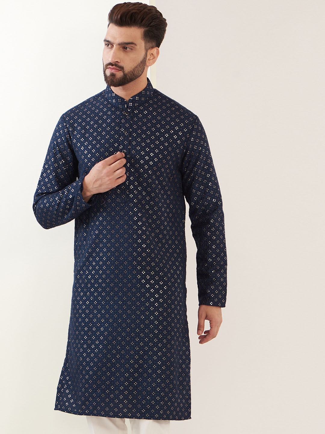 

KASBAH CLOTHING NISHCHAIY SAJDEH Floral Embroidered Silk Mandarin Collar Sequinned Kurta, Blue