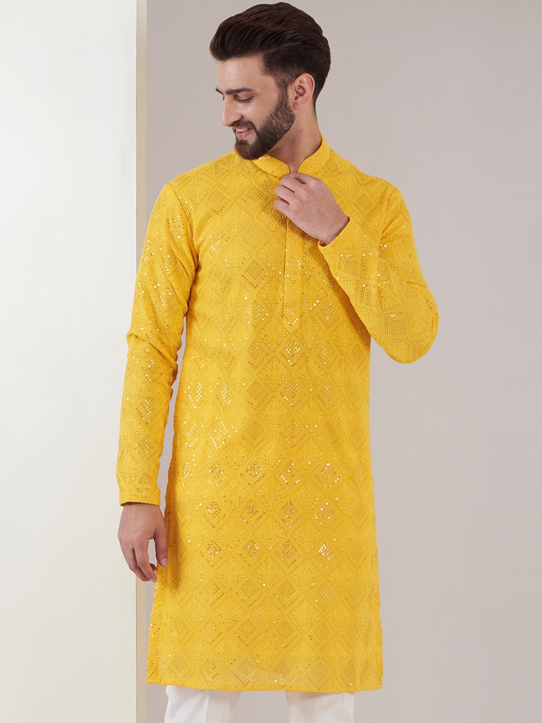 

KASBAH CLOTHING NISHCHAIY SAJDEH Floral Embroidered Silk Mandarin Collar Sequinned Kurta, Yellow