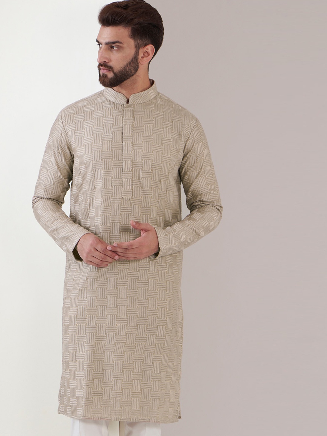 

KASBAH CLOTHING NISHCHAIY SAJDEH Geometric Printed Mandarin Collar Silk Kurta, Beige