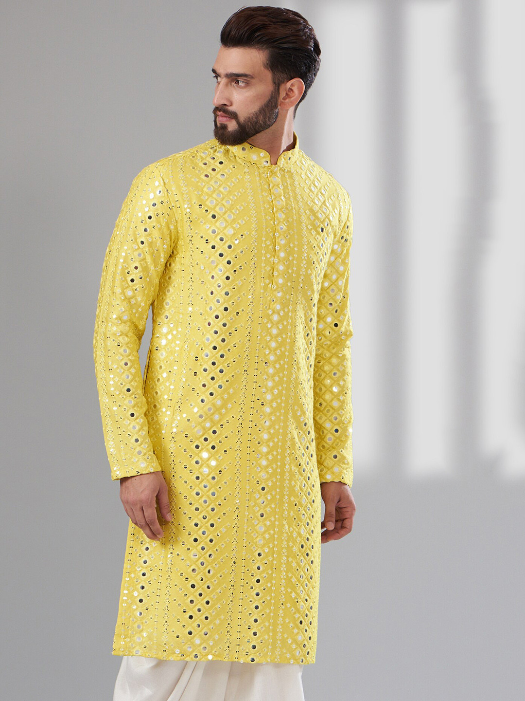 

KASBAH CLOTHING NISHCHAIY SAJDEH Geometric Embroidered Mandarin Collar Mirror Work Kurta, Yellow