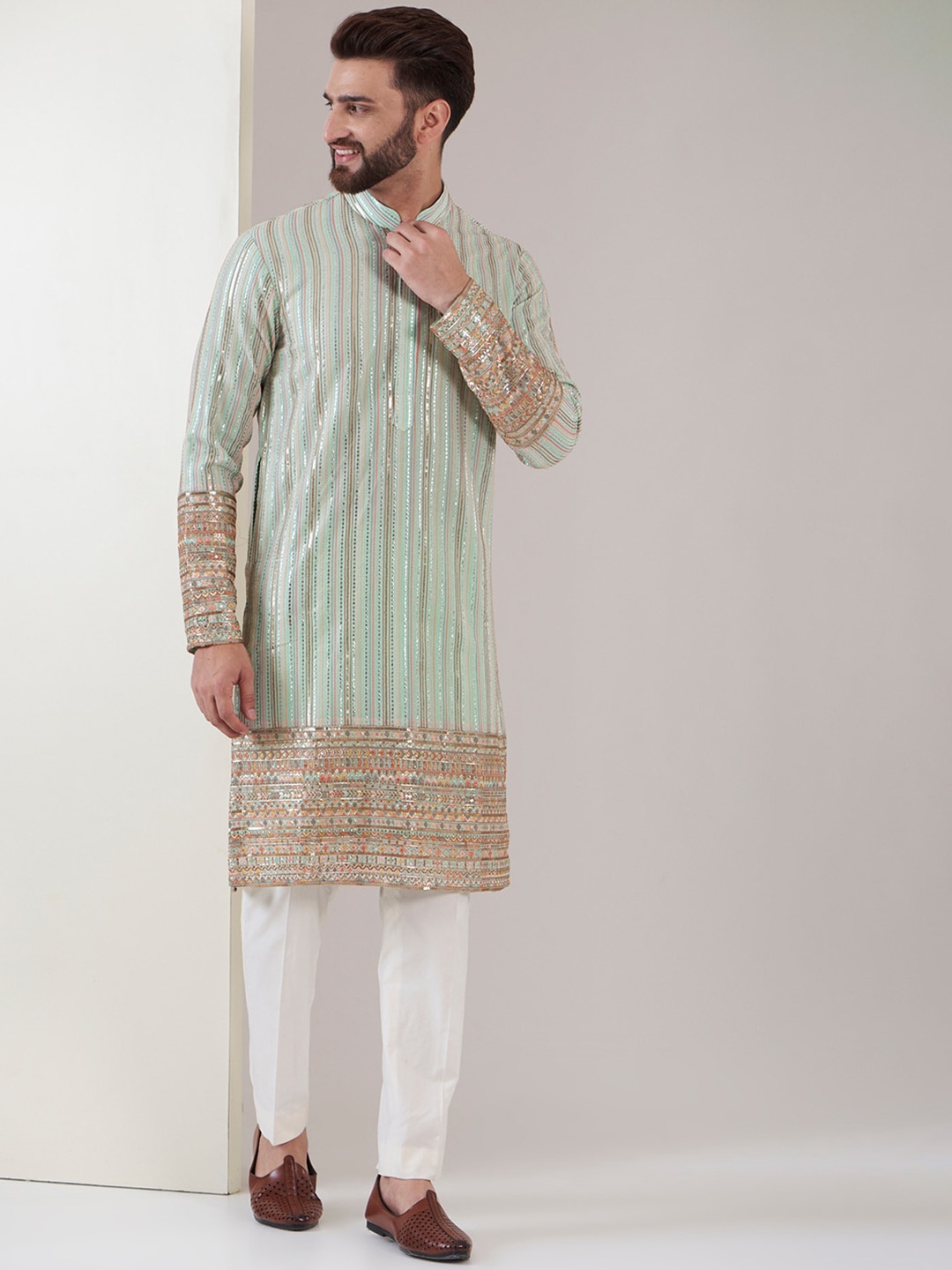 

KASBAH CLOTHING NISHCHAIY SAJDEH Striped Embroidered Sequinned Georgette Straight Kurta, Blue