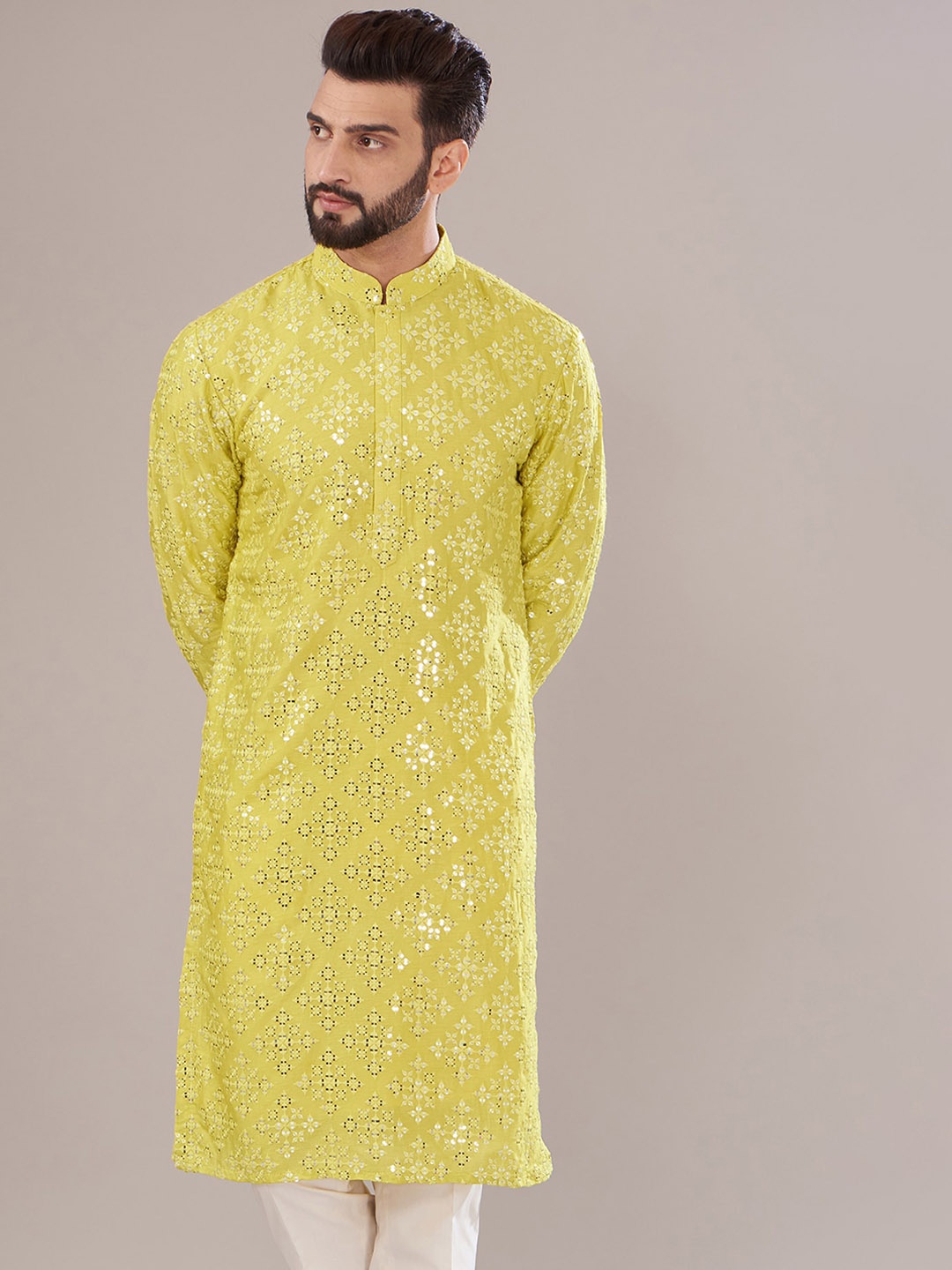 

KASBAH CLOTHING NISHCHAIY SAJDEH Floral Embroidered Mirror Work Silk Kurta, Yellow