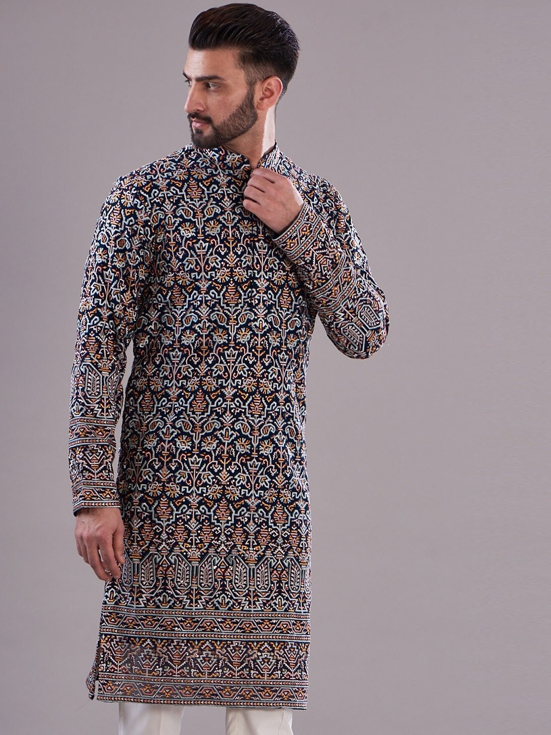 

KASBAH CLOTHING NISHCHAIY SAJDEH Ethnic Motifs Embroidered Straight Kurta, Blue