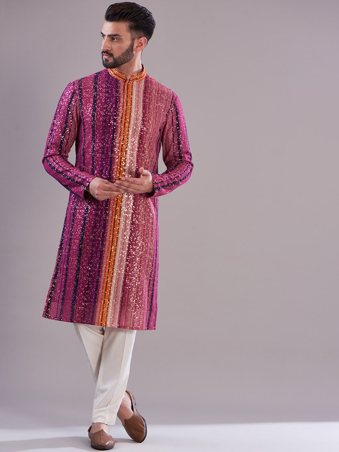 

KASBAH CLOTHING NISHCHAIY SAJDEH Striped Sequinned Straight Kurta, Pink