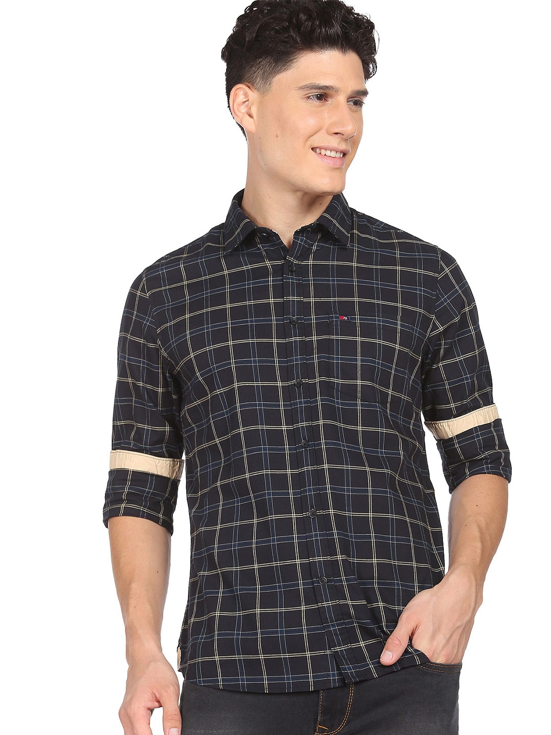 

AD By Arvind Slim Fit Tartan Checks Twill Spread Collar Long Sleeves Cotton Casual Shirt, Black