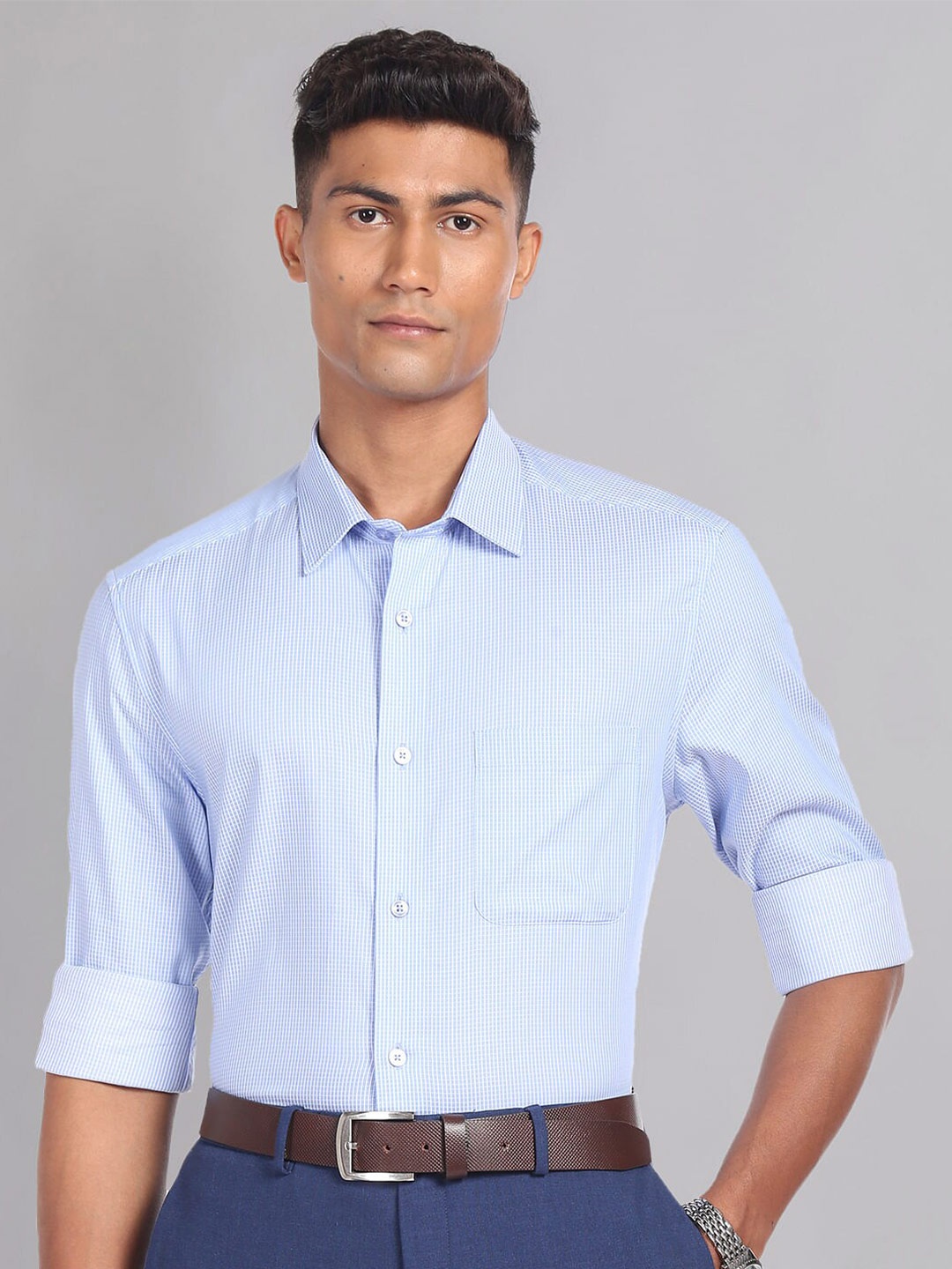 

AD By Arvind Micro Check Twill Everlast Press Formal Shirt, Blue