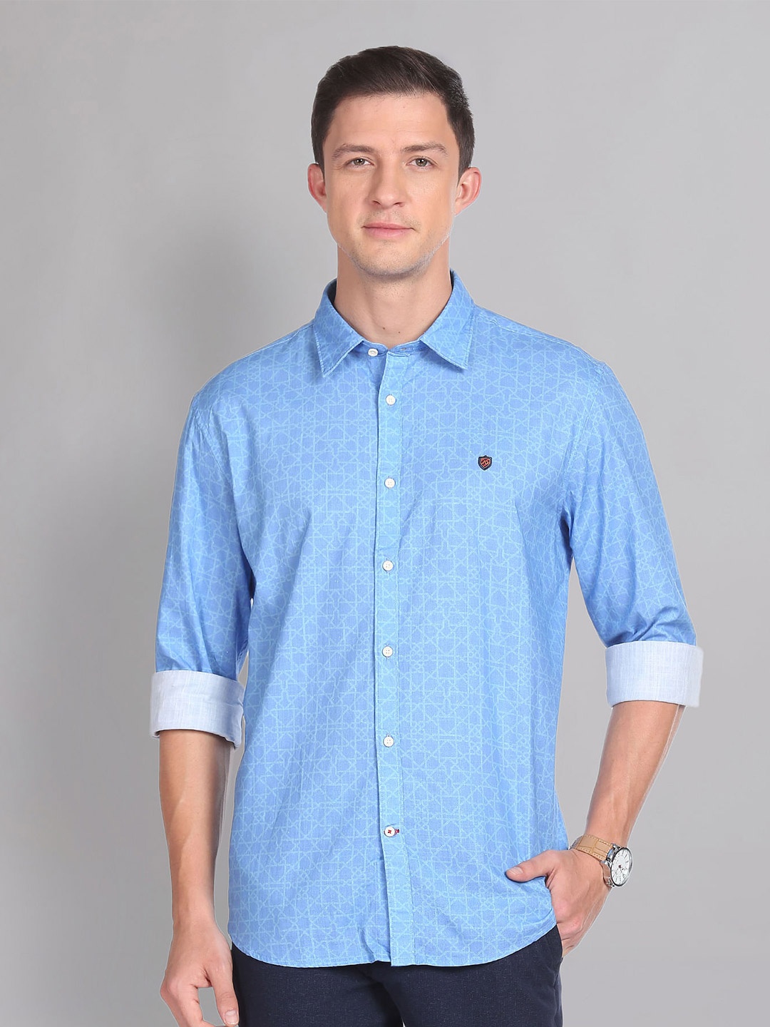 

AD By Arvind Slim Fit Geometric Printed Spread Collar Long Sleeves Cotton Casual Shirt, Blue