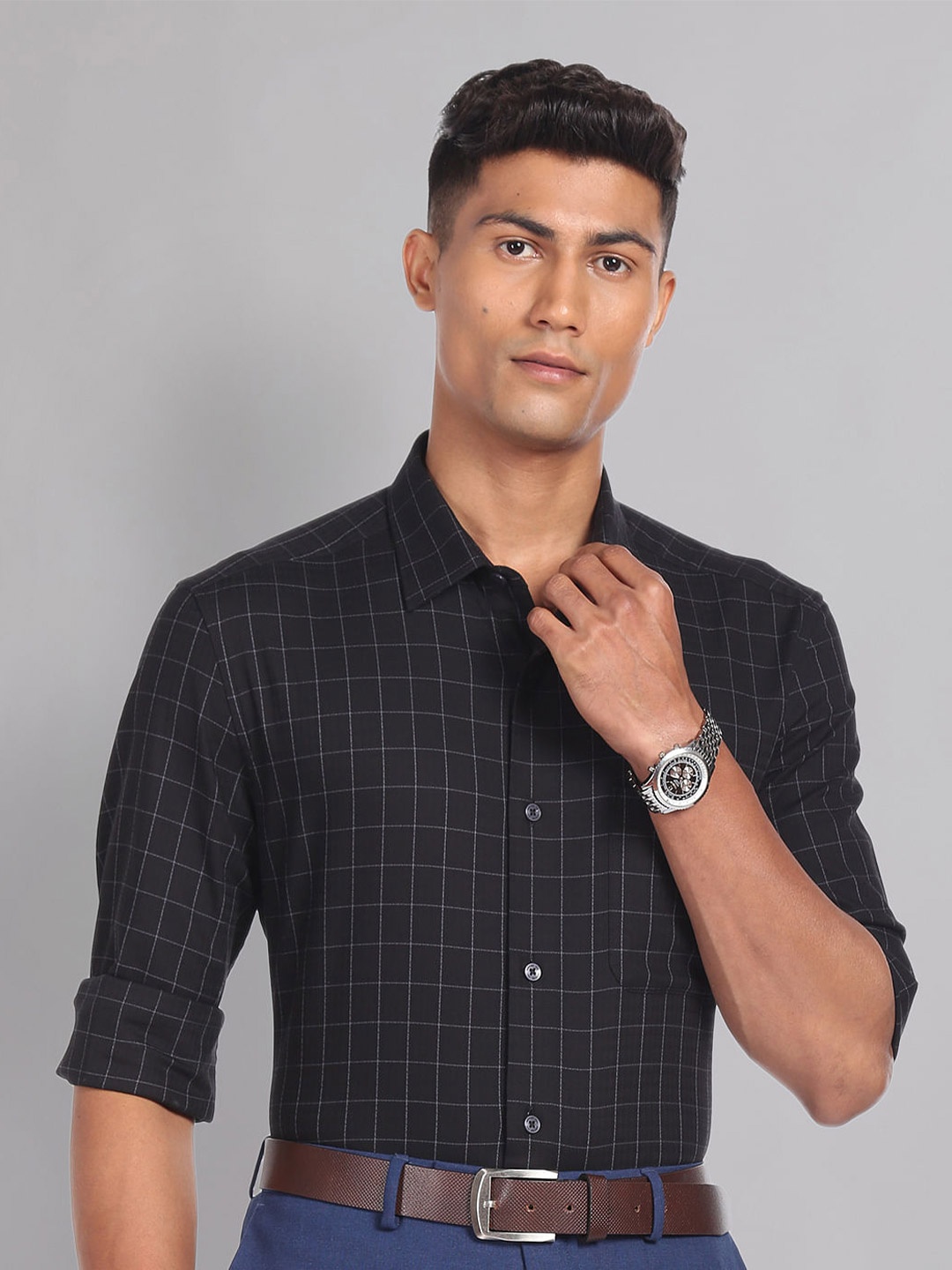 

AD By Arvind Windowpane Checks Spread Collar Long Sleeves Cotton Formal Shirt, Black