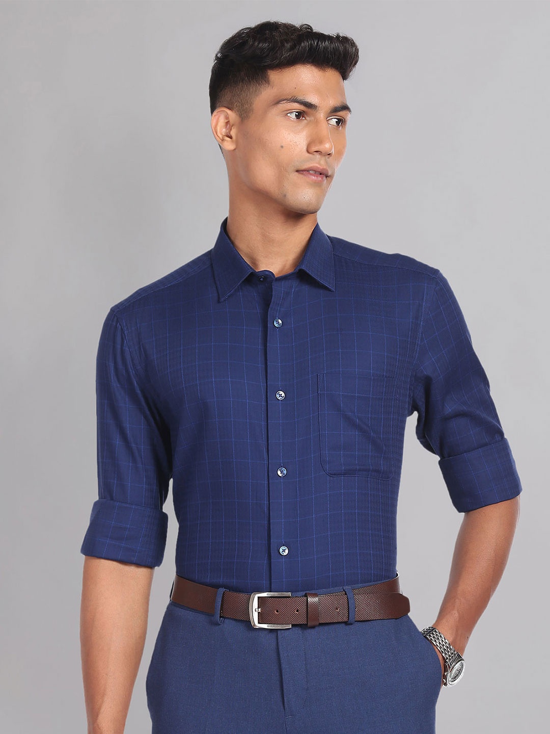 

AD By Arvind Checked Spread Collar Pure Cotton Formal Shirt, Blue