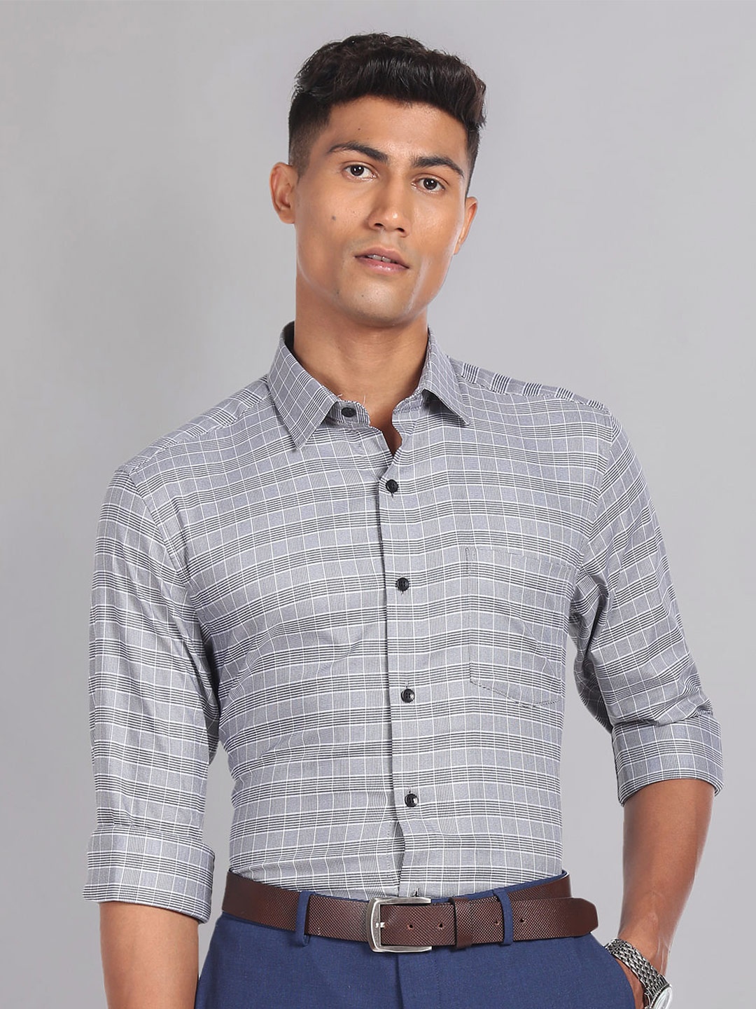 

AD By Arvind Slim Fit Checked Spread Collar Formal Shirt, Black