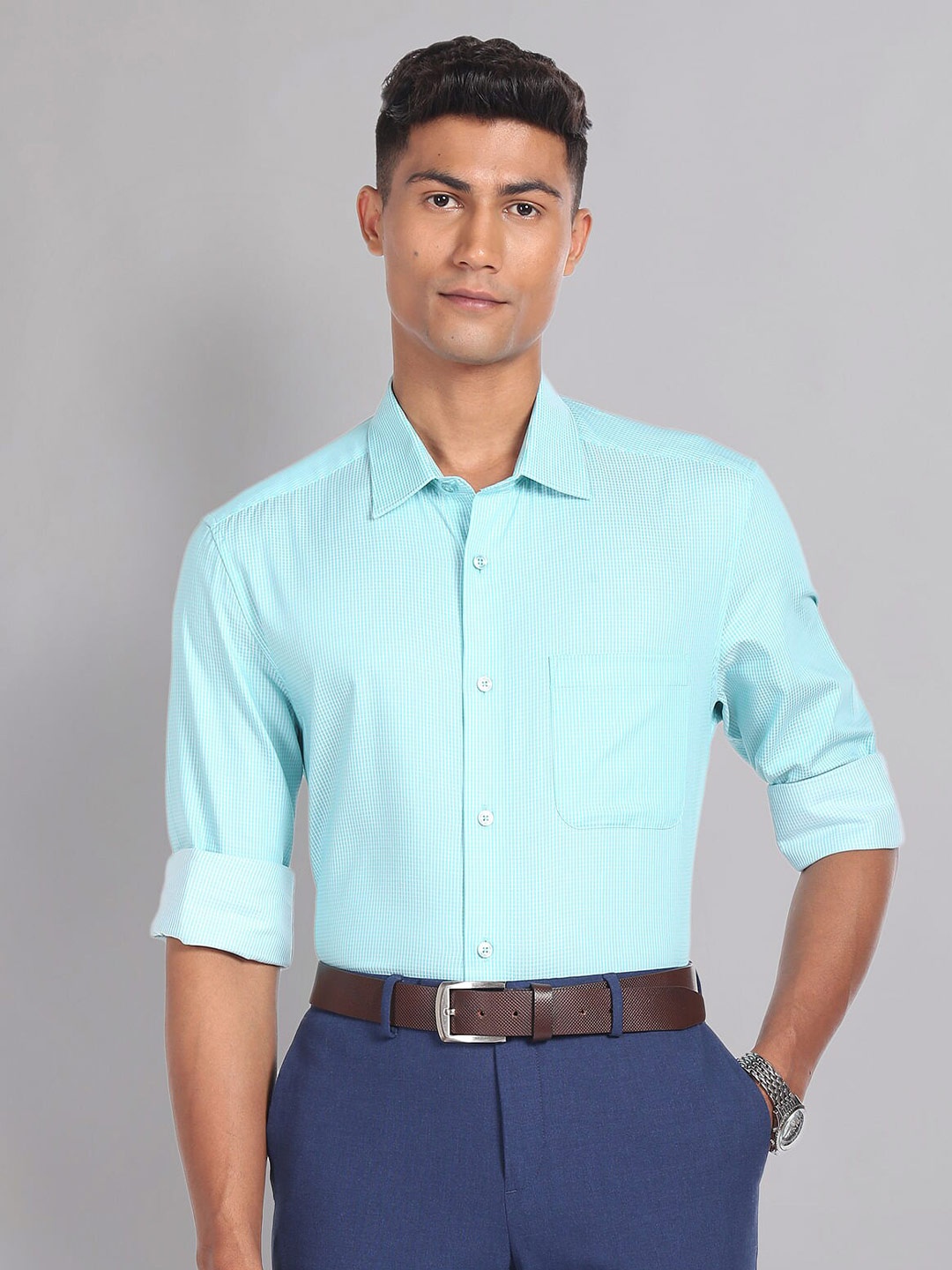 

AD By Arvind Micro Check Twill Everlast Press Formal Shirt, Blue