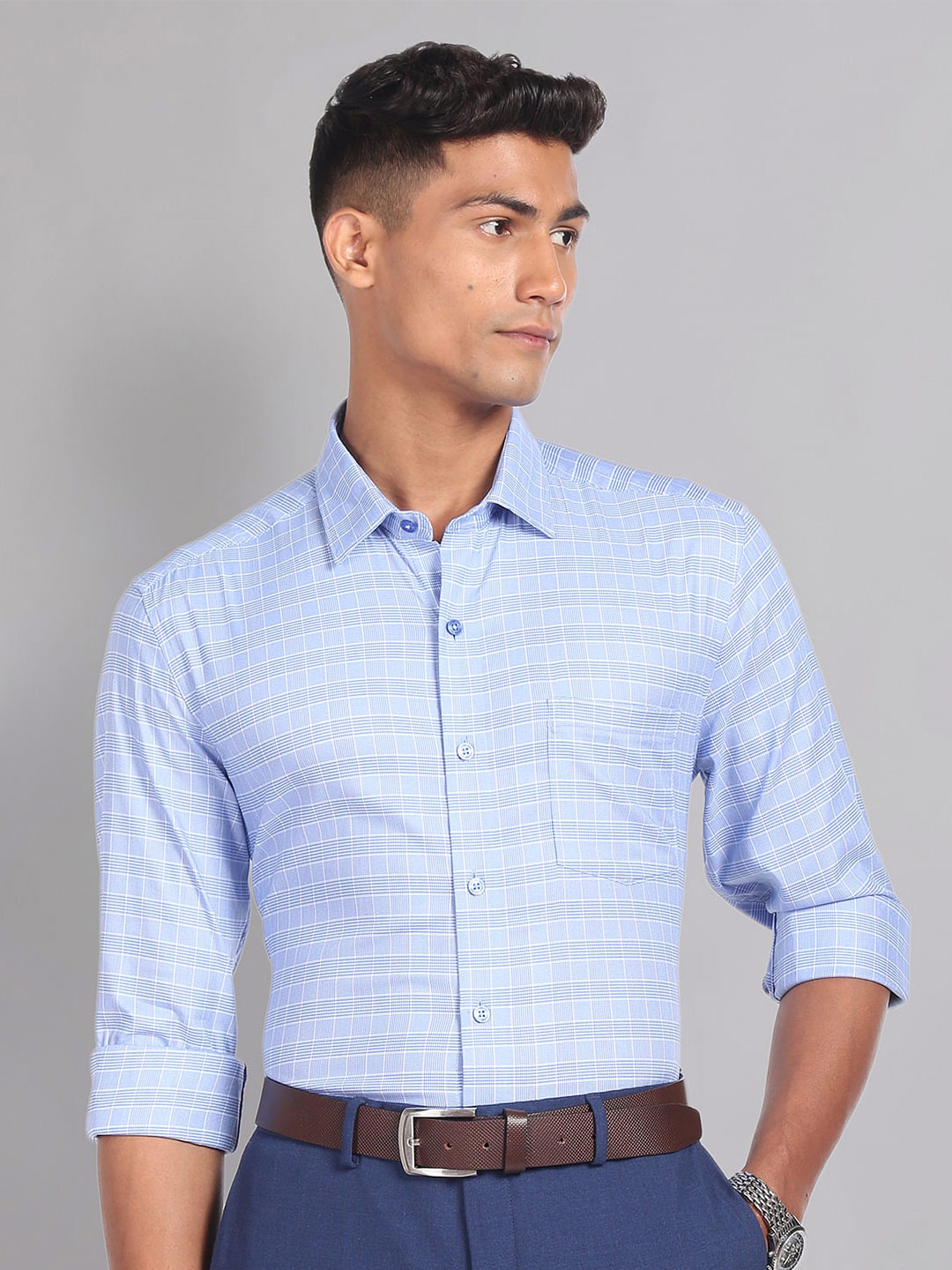 

AD By Arvind Slim Fit Checked Spread Collar Formal Shirt, Blue