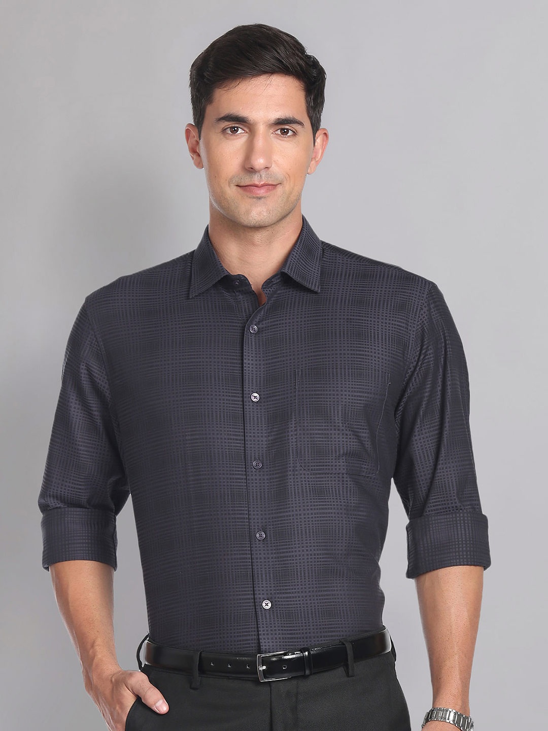 

AD By Arvind Checked Spread Collar Pure Cotton Formal Shirt, Black