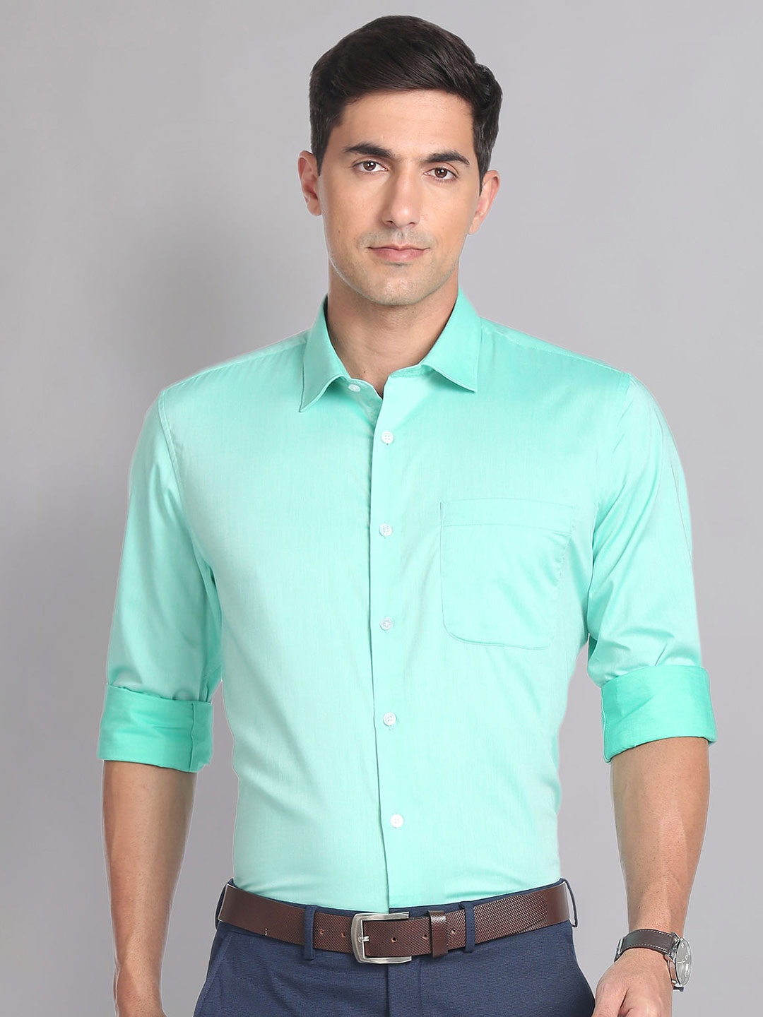 

AD By Arvind Spread Collar Pure Cotton Formal Shirt, Green