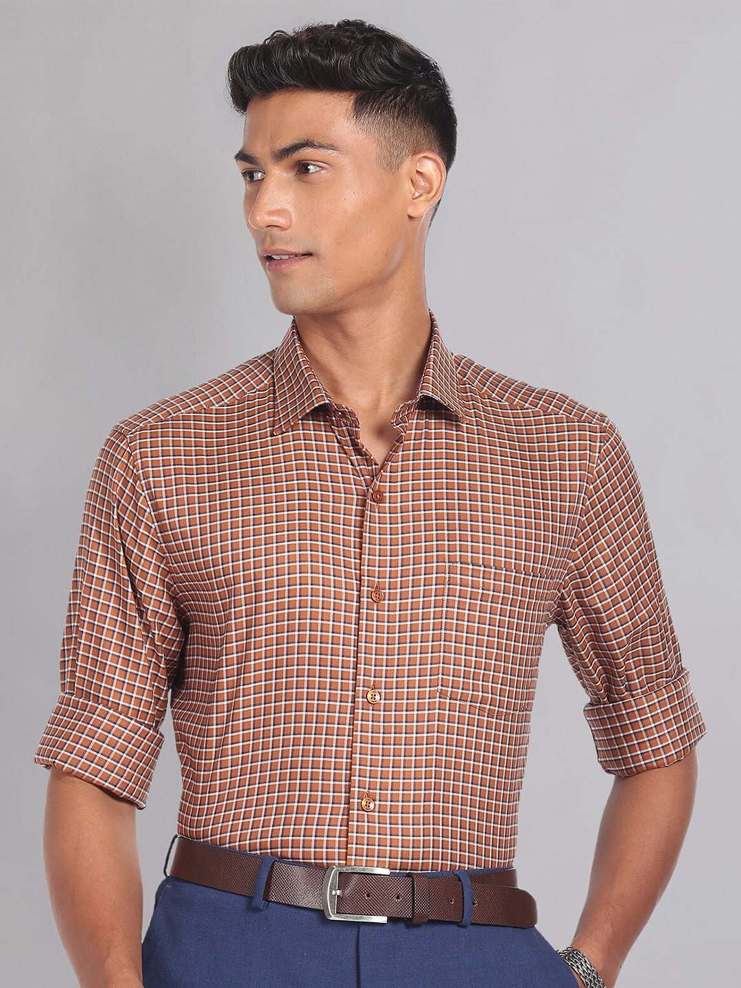

AD By Arvind Slim Fit Checked Spread Collar Formal Shirt, Brown