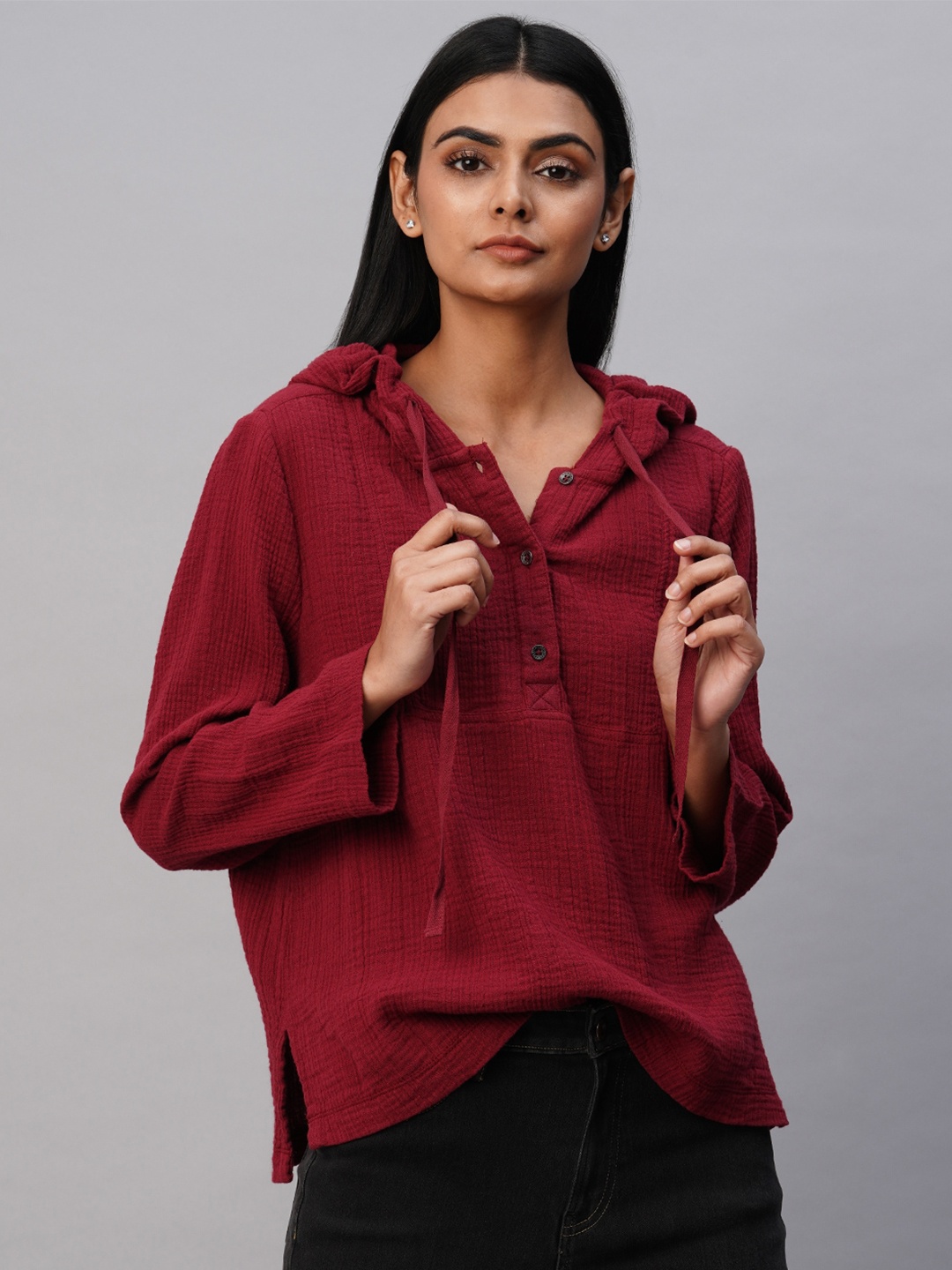 

Chemistry Hooded Shirt Style Pure Cotton Top, Maroon