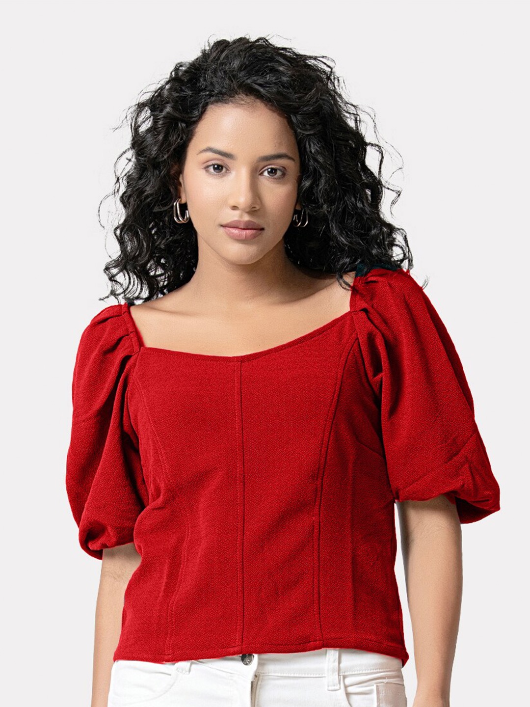 

urSense Sweetheart Neck Puffed Sleeves Top, Red