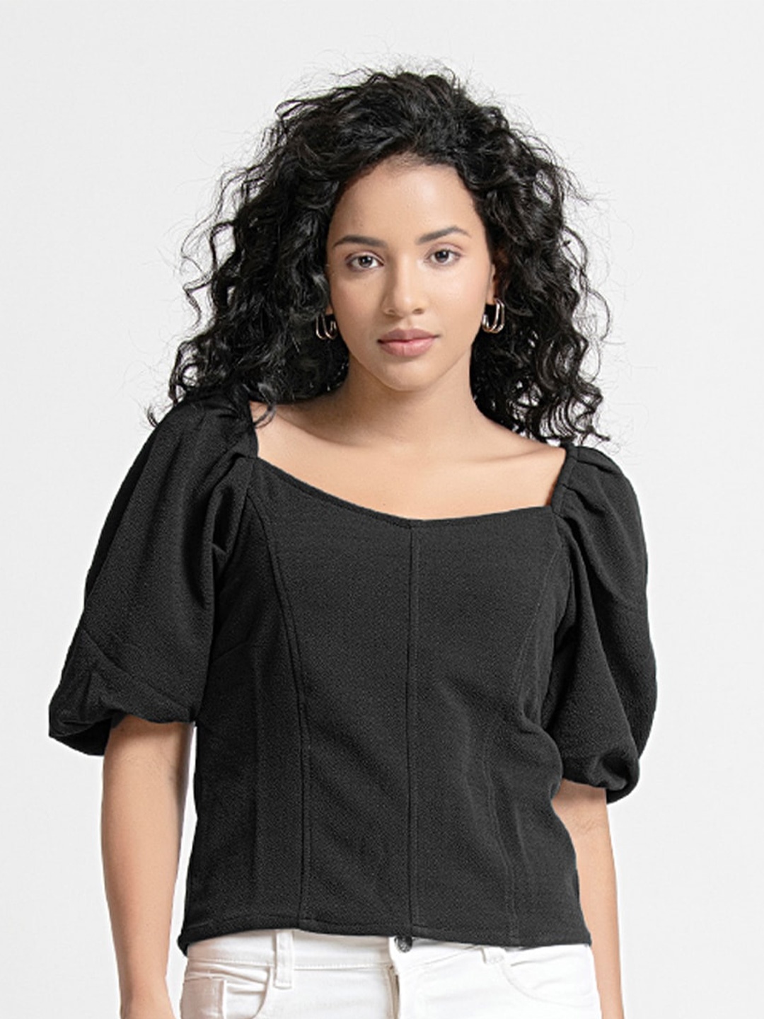 

urSense Sweetheart Neck Puffed Sleeves Top, Black