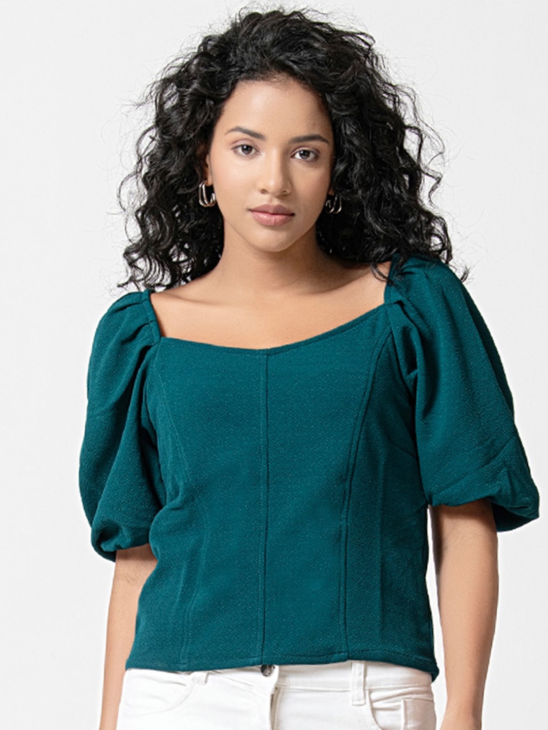 

urSense Sweetheart Neck Puffed Sleeves Top, Green