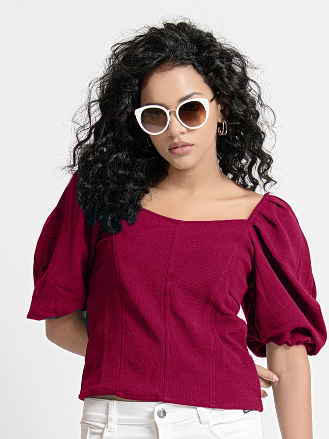 

urSense Sweetheart Neck Puffed Sleeves Top, Maroon